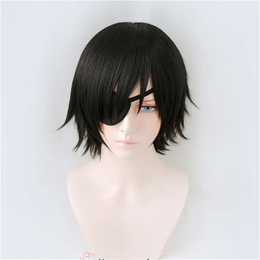 Himeno Wig Chainsaw Man Black Short Fluffy Layered Synthetic Hair With Eyes Patch Heat Resistant Costume Party Play + Wig Cap