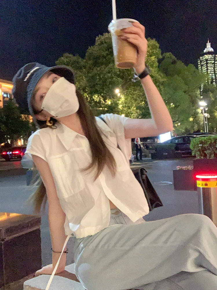 

Ladies Summer Lazy Feel Workwear Faion ort Sve Thin Coat White Vest irt Cotton Material Regular Sve Length