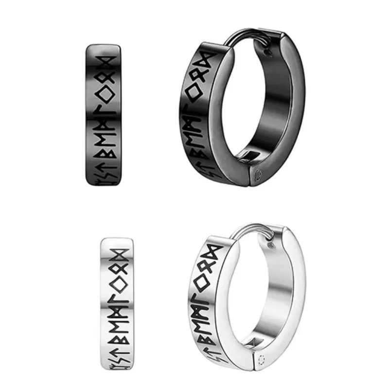 2/4Pcs 12mm Norwegian Viking Rune Hoop Earrings For Men Woman, 316L Stainless Steel Huggie Hoop Religious Ear Piercing Jewelry