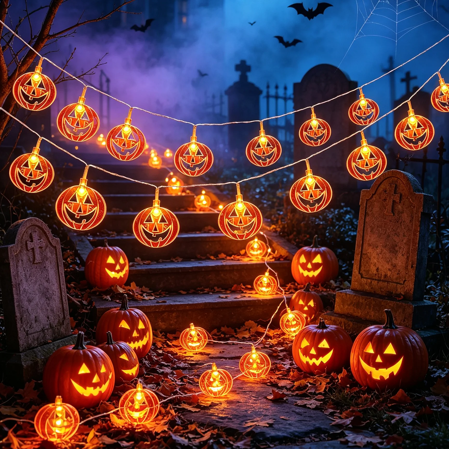 1PC 20LED Spooky Grave Halloween Hollow Pumpkin String Lights Battery LED Fairy Lights For Outdoor Yard Haunted House Decoration