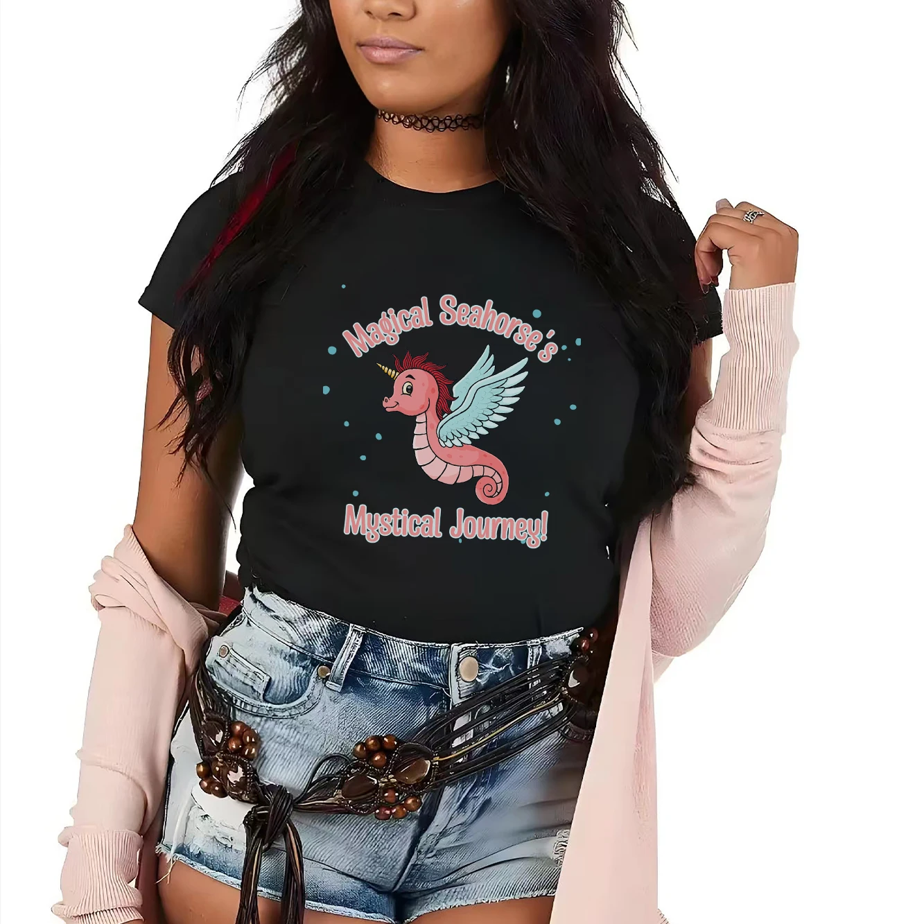 

Fun seahorse print women's short sleeved round neck T-shirt fashionable women's top
