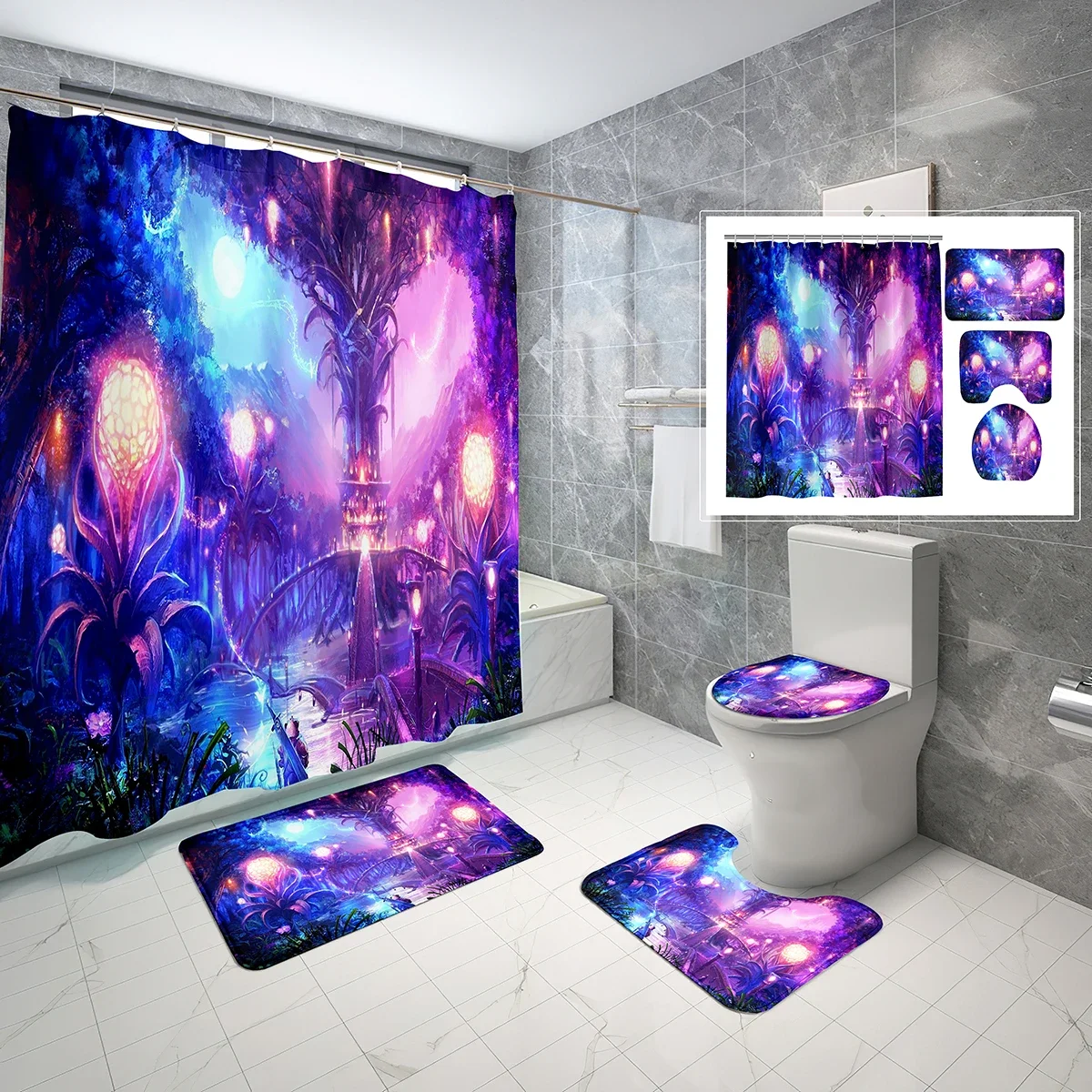 

Magic Forest Shower Curtain Set Dream Colorful Plants 4 Pcs Shower Curtain Bathroom Non-Slip Bath Mat Toilet Cover Curtain Set