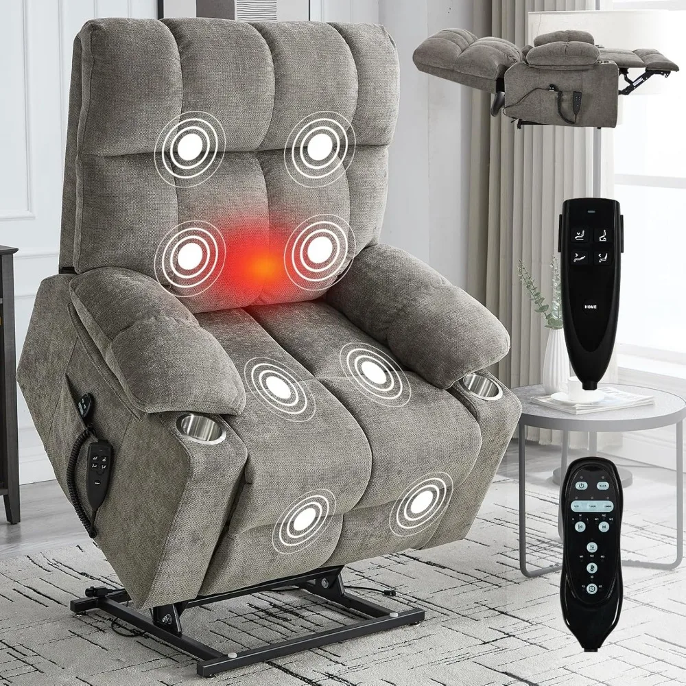 Dual Motor Power Lift Recliner Chair w/Massage and Heating, Large Lift Chair for Elderly, Lay Flat Recliner for Living Room w/Cu