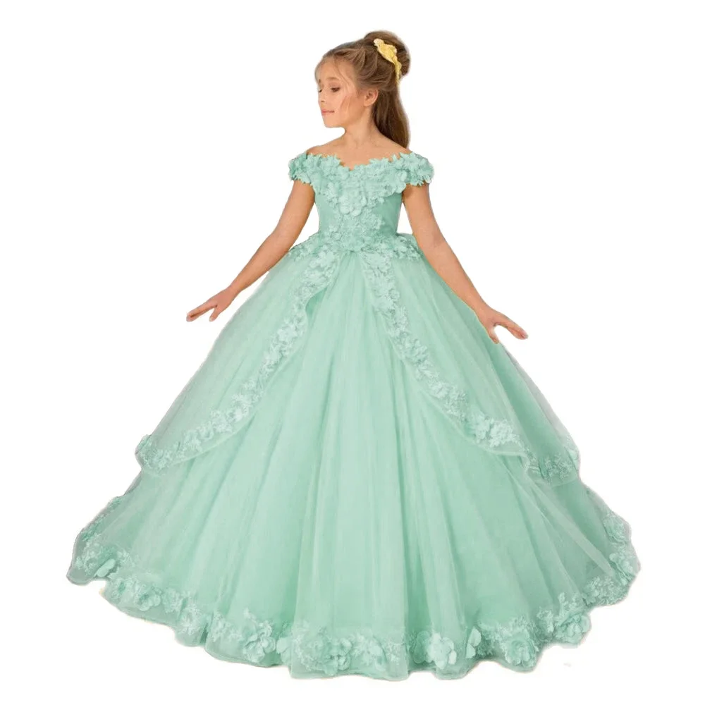 Tüll Blumen mädchen Kleider für die Hochzeit schulter frei Prinzessin Pagenat Kleid lange Kinder 3d Applikation erste heilige Kommunion Party kleider