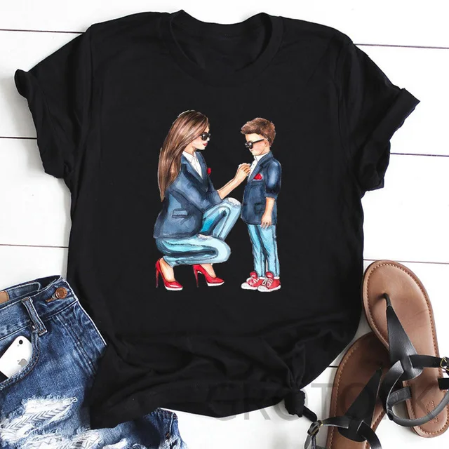 Cotton  100% Mother Day T Shirt Mom Loose Black Short-sleeved T-shirt Summer Ins Women Clothing  Oversized T Shirt