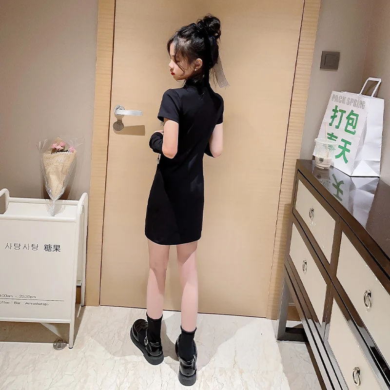 Split Short Sleeve Dress Girl Children\'s Chinese Style Elegant Slim Street Asymmetric Trendy Teenage Girl Black Mini Summer Cool