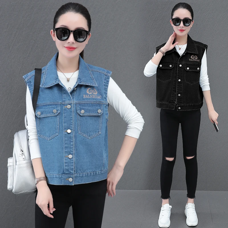 Faionable Casual Loose Denim Svel  Collar Vest with kets Embroidery Outerwear Women's Commute Sle Cotton Jaet