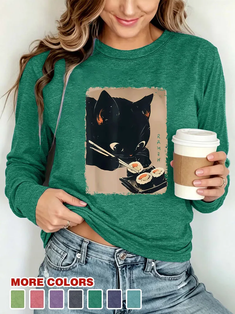 Funny Japanese Style Ramen Cat Casual T-shirt Long Sleeve Elegant Winter Autumn Graphic Trendy Cat Print Soft T Shirt Women