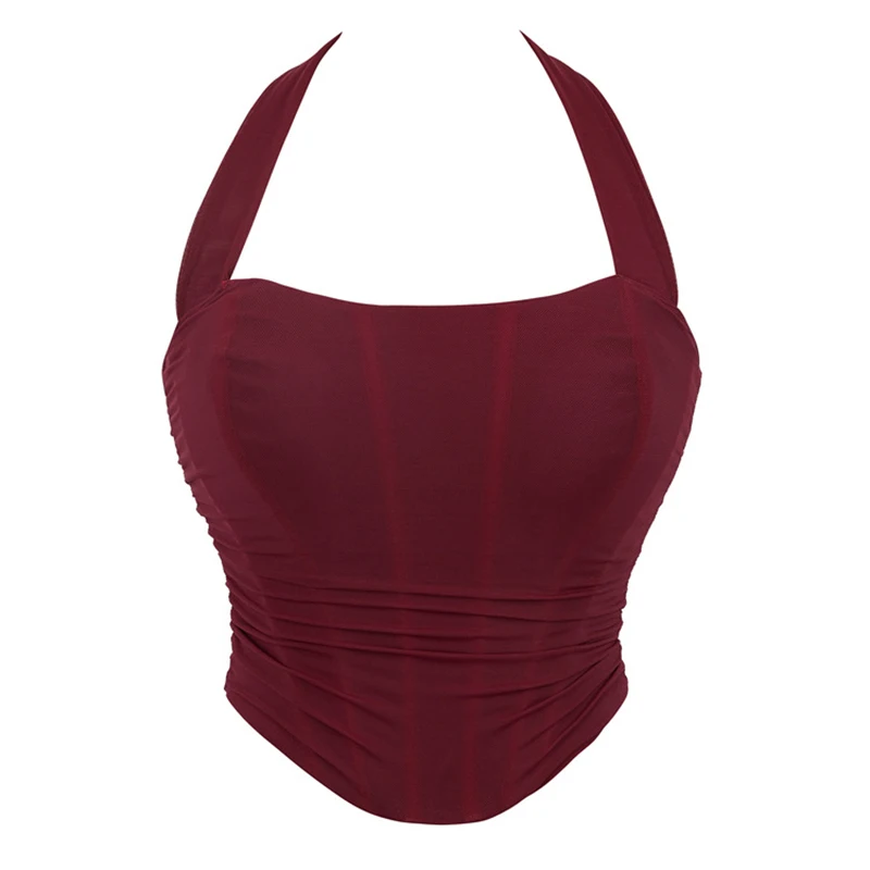 Elegant Women Overbust Corset Breathable Mesh Ruched Backless Halter Bustier Bodyshaper Club Crop Tube Top