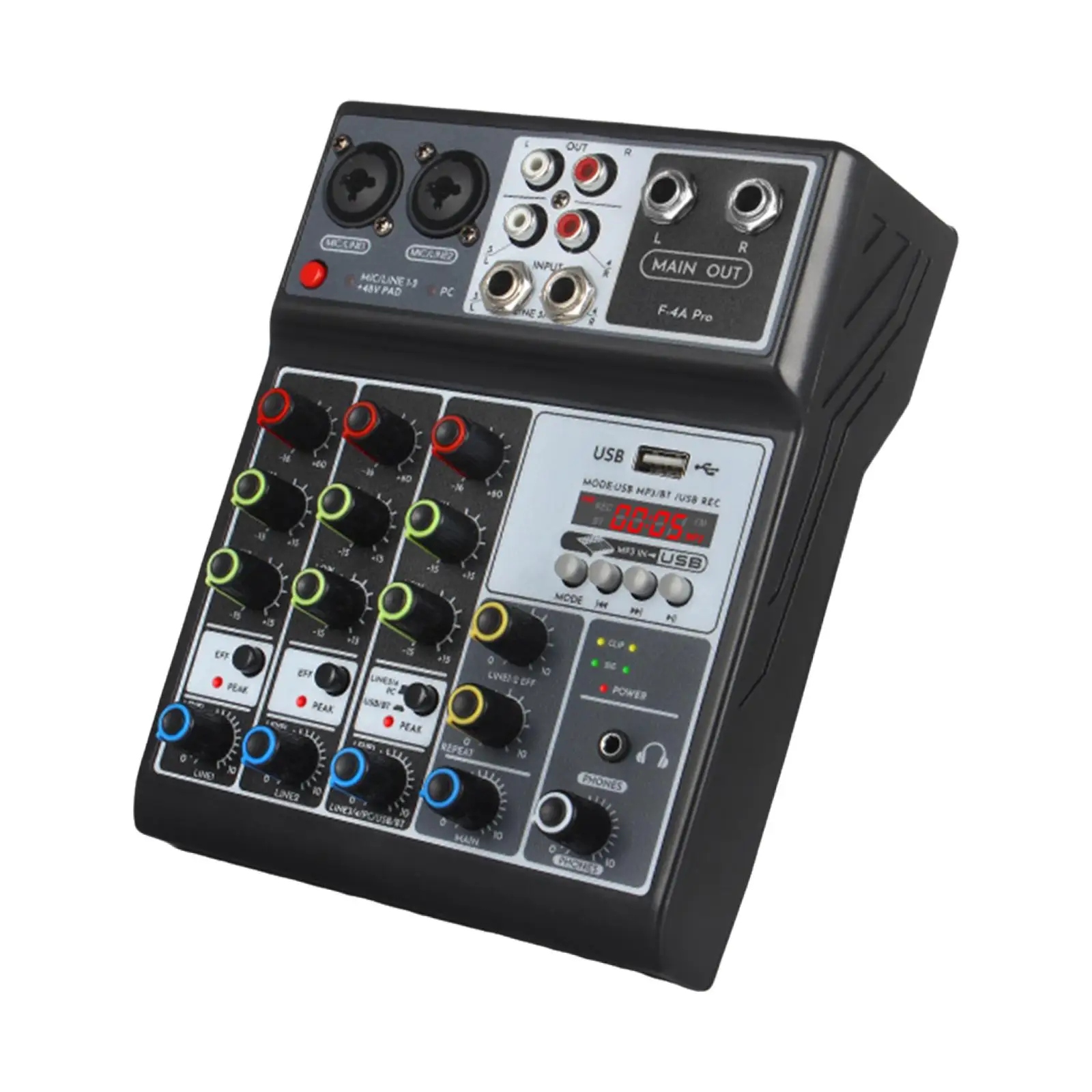 Audio Mixer Suporte USB Bluetooth, 48V Phantom Power, Placa de Som, Mixing Console para Gravação, Festa, Computador, Desempenho, Palco