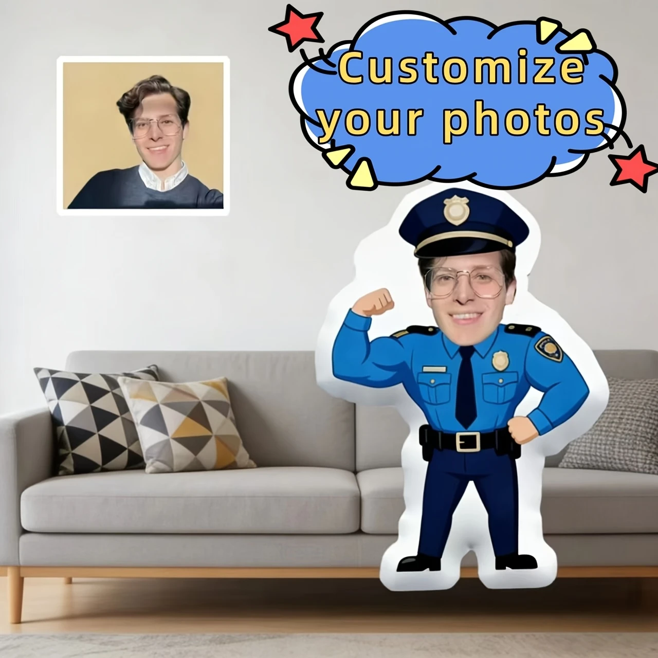 A Blue Police-Themed Decorative Pillow That Allows You to Upload Your Own Photo Or Someone Else'S. It Makes a Perfect Gift for F