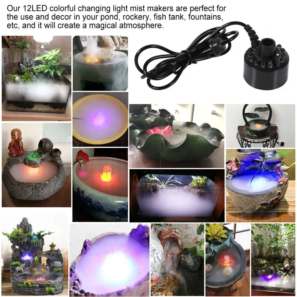 12 LED Colorful Light Ultrasonic Mist Maker Fogger Fog Water Fountain Pond Atomizer Air Humidifier Garden Outdoor Sprayer Tool