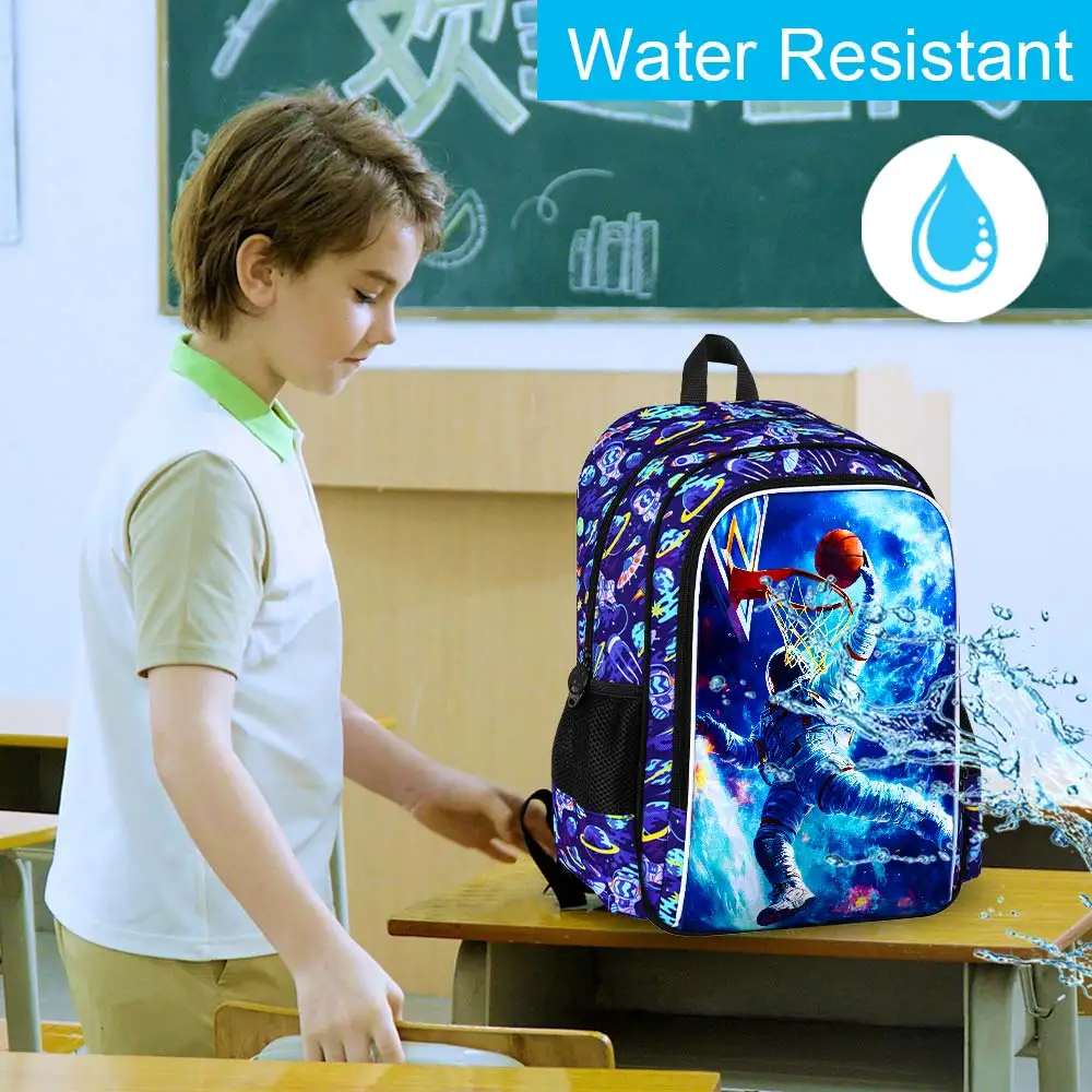 3 قطع حقائب ظهر للأولاد، حقيبة كتب للأطفال مقاس 16 بوصة مقاومة للماء للأولاد، حقيبة ظهر خفيفة الوزن مع صندوق غداء - كرة سلة رواد الفضاء #6