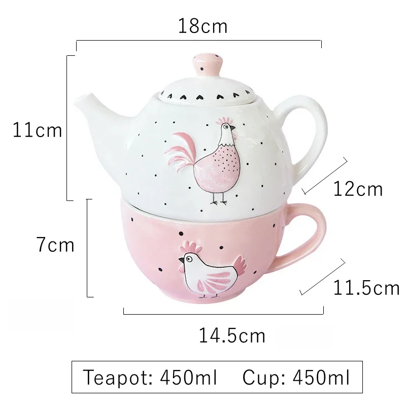 450ml Ceramic Tea For One Set, Black Cat Teapot Tea Cup Set, Pink Rooster Coffee Kettle Mug with Leak Hole
