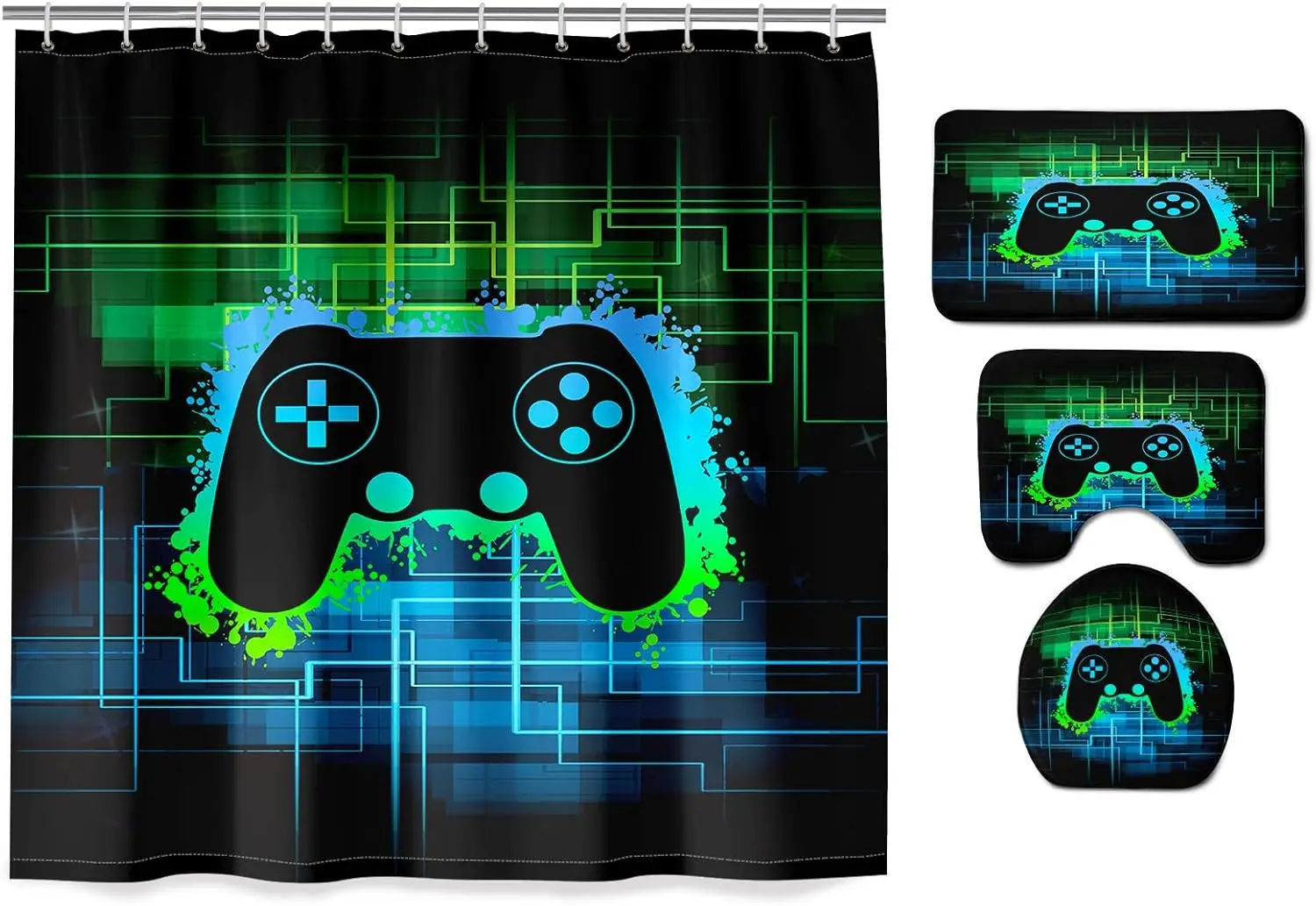 4Pcs Gamepad Controller Shower Curtain - Game Shower Curtain Set Video Gamepad Bathroom Set with Rug,Toilet Cover,U Shaped