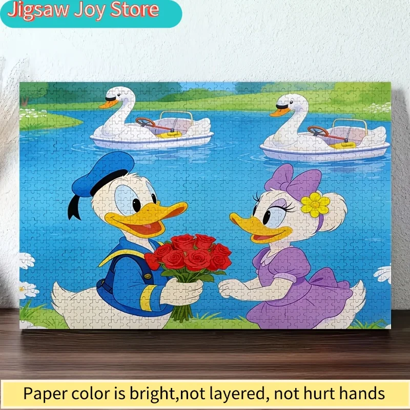 2D Flat, 1000pcs Disney Donald & Daisy Duck Puzzle - Sailor Donald & Purple Daisy Valentine' Lake Scene, Frameless Wall Pictur