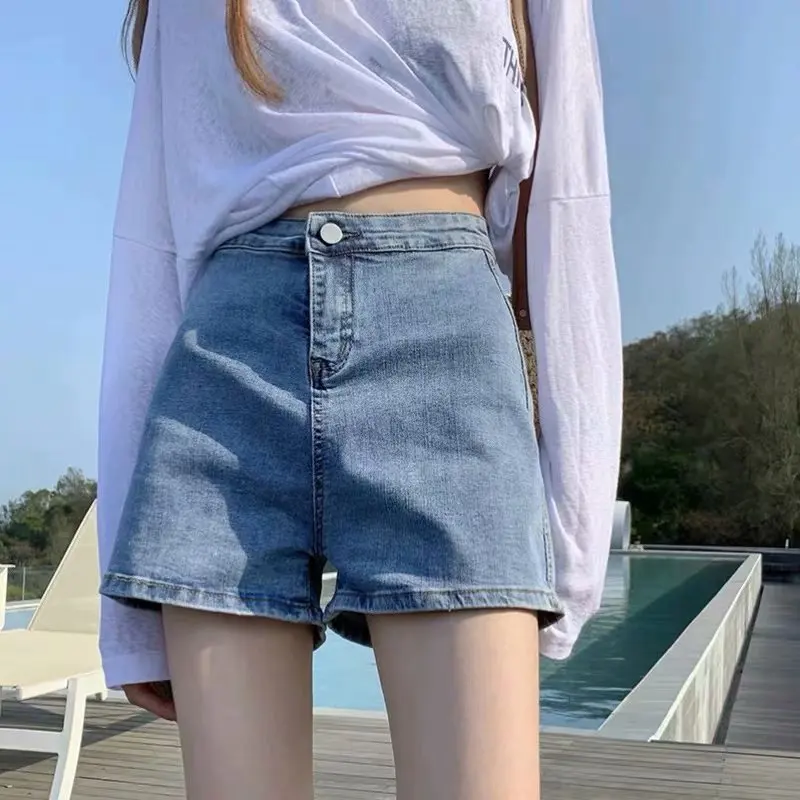 Feynzz Casual Blue Denim Shorts Women Sexy High Waist Buttons Pockets Slim Fit Shorts 2021 Summer Beach Streetwear Jeans Shorts