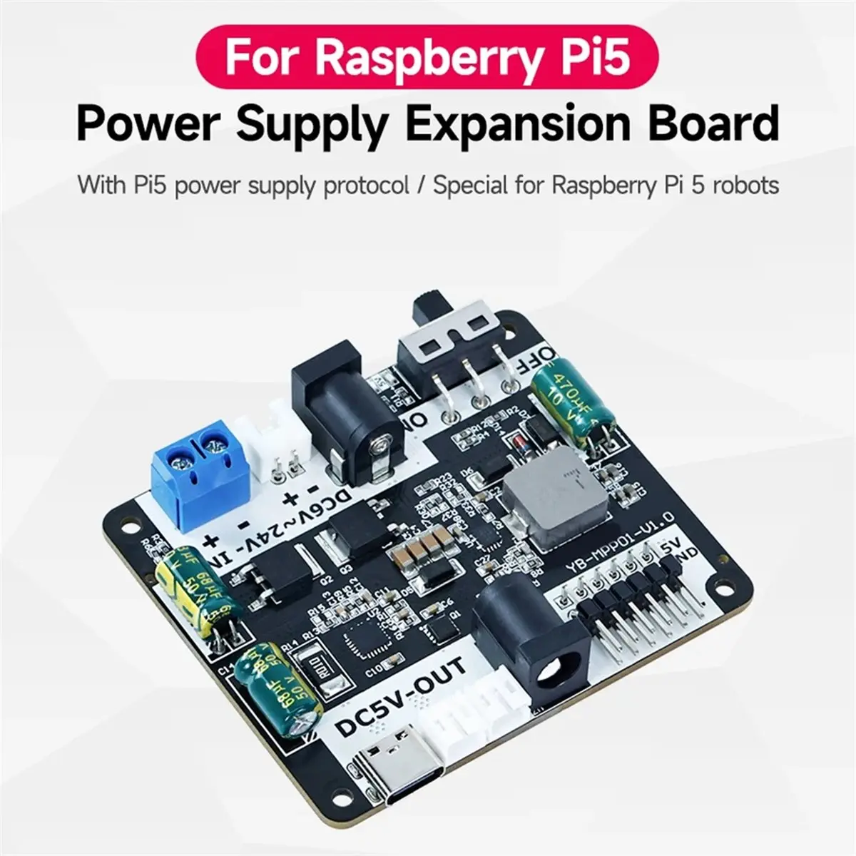 (DT37) For Raspberry Pi 5 Power Supply Expansion Board Support 6-24V Input and 5V/5A Output for Robot Car Kit for RPi 5