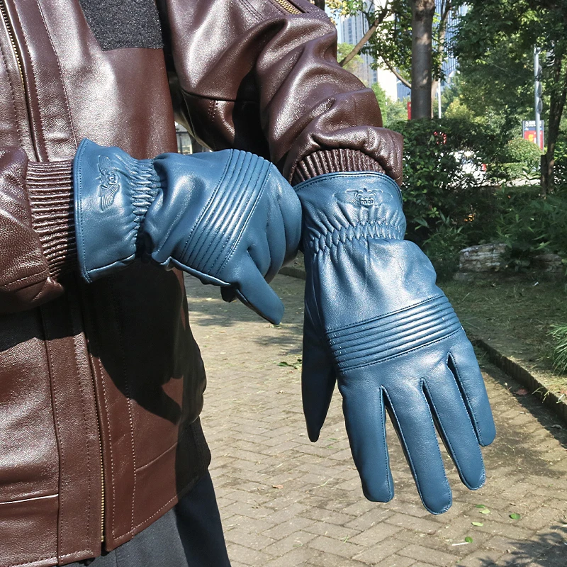冬用フライングレザーグローブ-本物の羊革-メンズアウトドアサイクリング防風暖かい秋冬ウールレディースグローブ-ブルー
