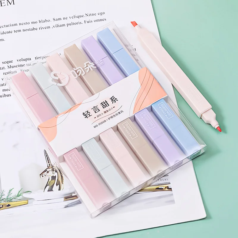 6Pcs/Set Morandi Color Highlighter Marker Pen Double-Head Highlighter Pens Stationery Items Back to School Supplies Girls Gift