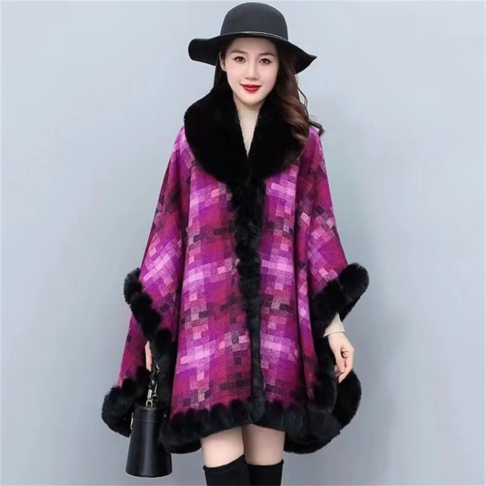 

Open Stitch Long Round Collar Shawl Plaid Poncho Cape Faux Rabbit Fur Neck Cloak Knitted Winter Warm Mantle Overcoat