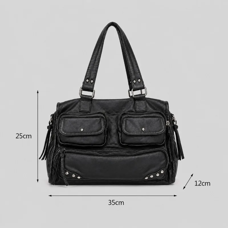 Y2K Punk Style Rivet Motorcycle Bag Retro Large Capacity Multiple Pockets Tote Bag Soft Pu Leather Spicy Girl Shoulder Bag 2026