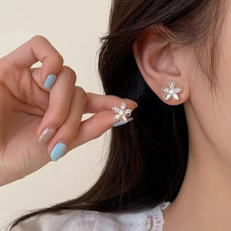 925 Sterling Silver Needle Zircon Hollow Flower Plant Stud Earrings For Women Cute Fashion Jewelry Piercing Hole Accessories gallery 3