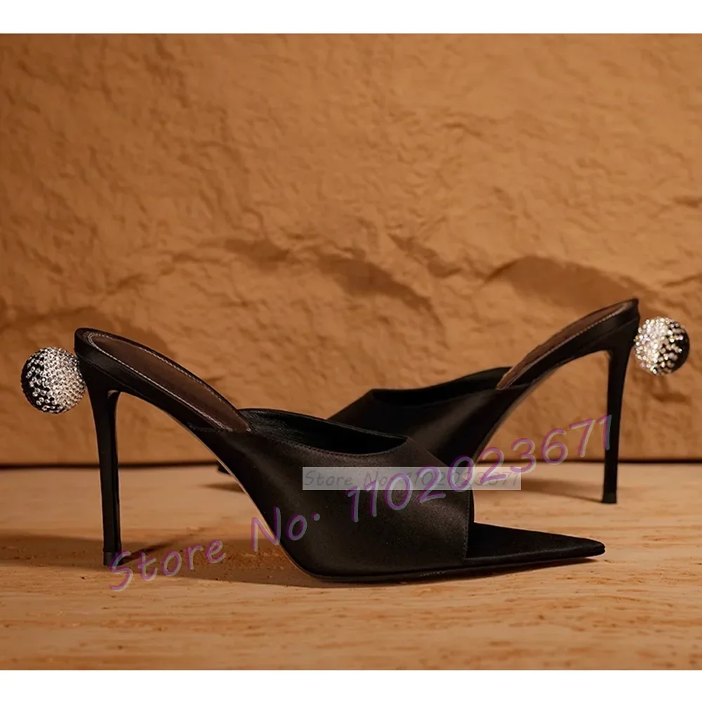 Open Pointy Toe Black Satin Mules With Crystal Ball Women Elegant High Heels Shoes Female Party Charming Chic Evening Slippers