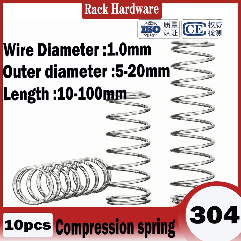 10Pcs 304 Stainless Steel Compression Springs, Return Spring, Wire Diameter 1.0mm, Outside Diameter5-20mm Length: 10-100mm