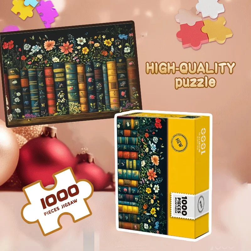 

1000 Piece Puzzle Mini Size 15x10.25" - Blooming Bookshelf Art Letter Sections | Gift Idea for Mother's Day, Birthday