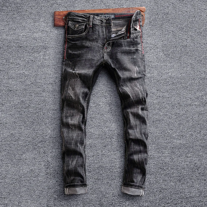 Style italien mode hommes jean rétro noir gris élastique coupe ajustée déchiré jean hommes pantalon Vintage concepteur pantalon Denim décontracté