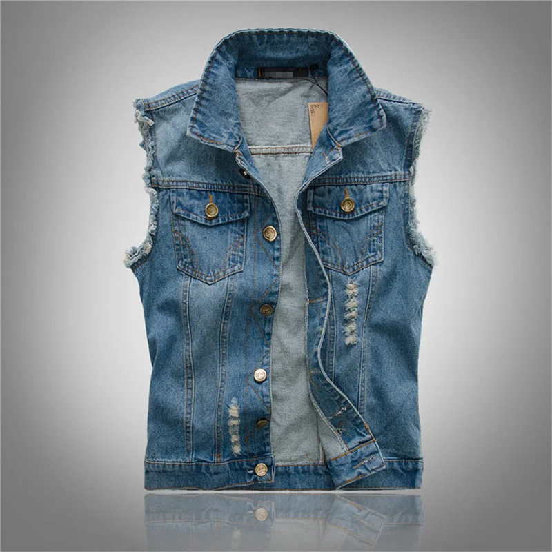 

Spring Ripped Jean Jacket Mens Denim Vest Hip Hop Waistcoat Men Classic Cowboy Sleeveless Male Summer Tank Plus Size