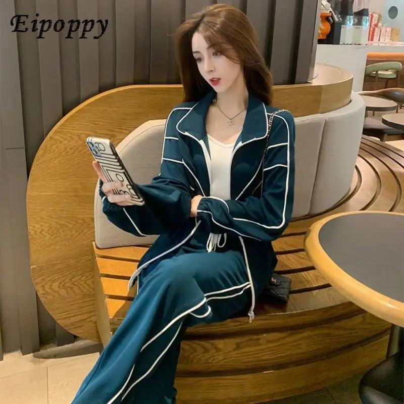 

Women's Spring New Tracksuit Matching Set Korean Elegant Casual Long Sleeve Coat+Sports Pants Two Piece Female Sportwear Suit