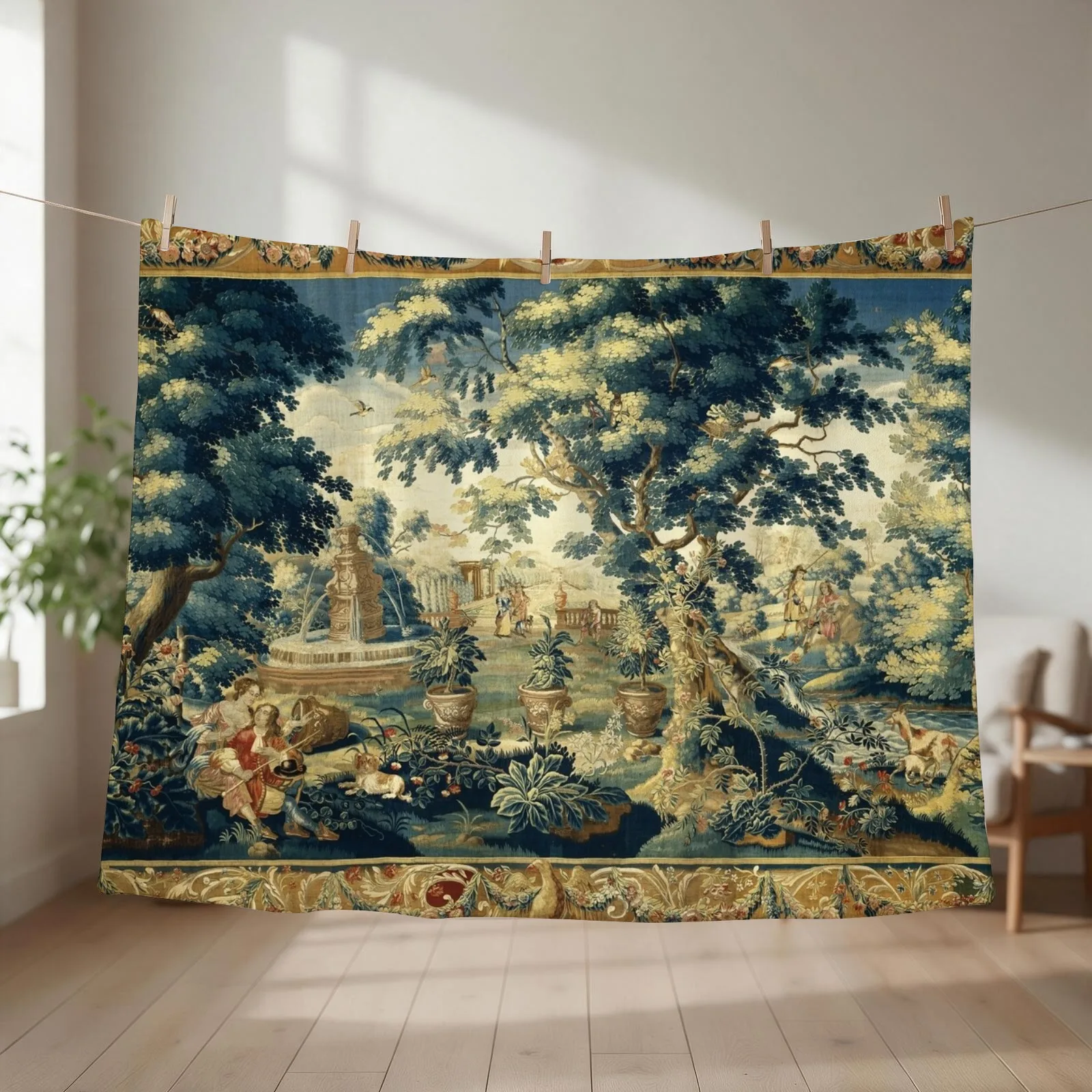 PARK SCENE WITH TREES,SITTING COUPLE AND HUNTERS IN WOODLAND LANDSCAPE Antique Flemish Tapestry Throw Blanket