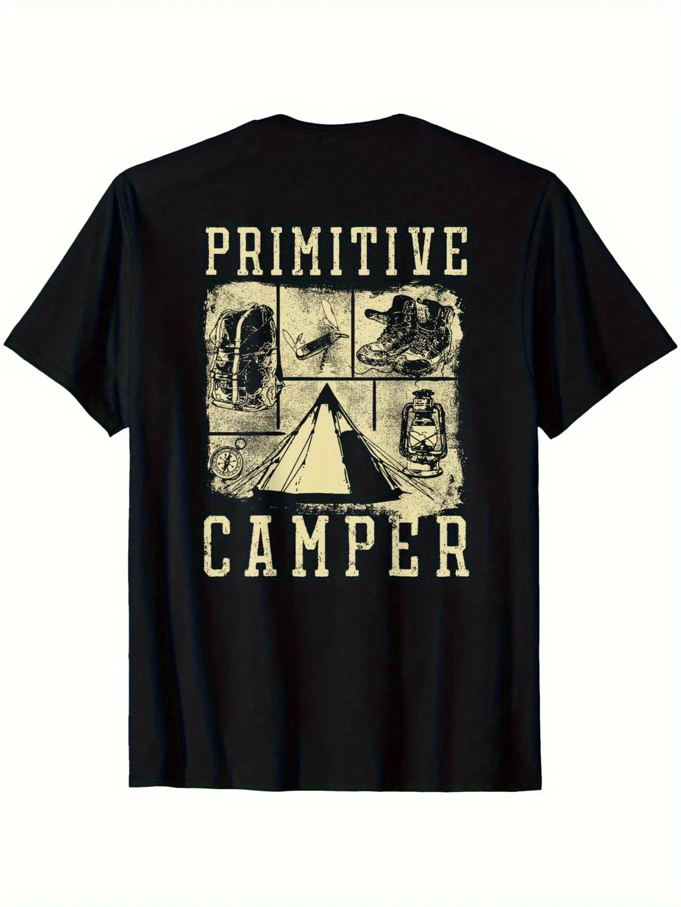 1pc Primitive Camper T-Shirt for Men & Boys - Outdoor Survival & Camping Graphic Design, Soft Comfortable Regular Fit Round Neck