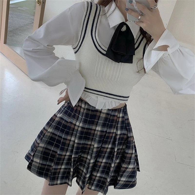 Autumn Preppy Style Uniform 4-piece Set Girls Korean Knitted Vest White Shirt Ribbon Bow High Waist Plaid Skirt JK Uniform Suit