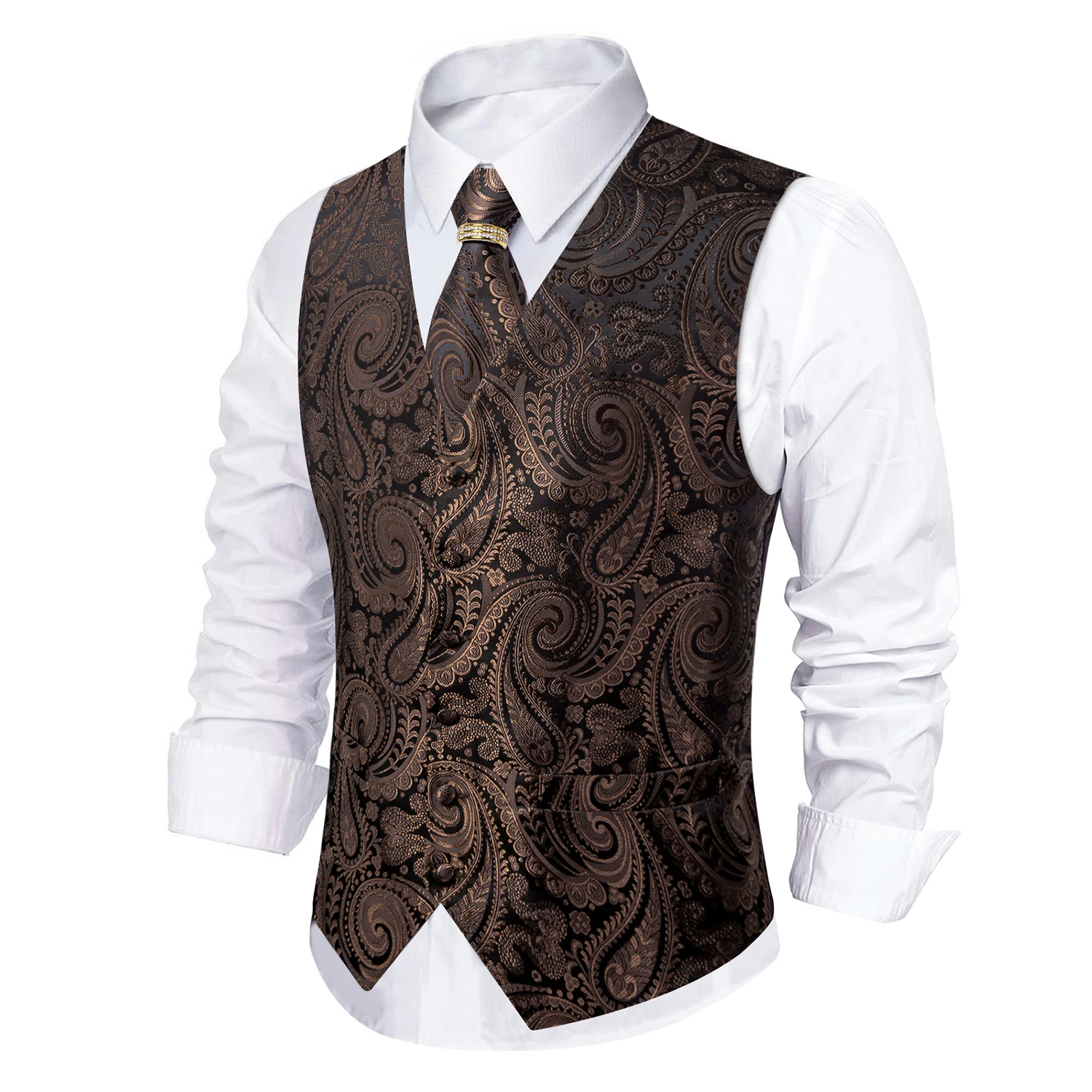 Coffee Paisley Jacquard V-Neck Vest Accessory Set Tie Pocket Square Cufflinks Gold Rhinestone Ring For Retro Evening Reception