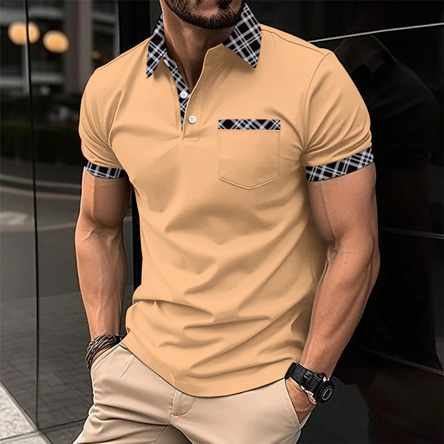 Summer new men\'s fashion slim and comfortable POLO shirt chest pocket lapel button business color match casual breathable T-shir