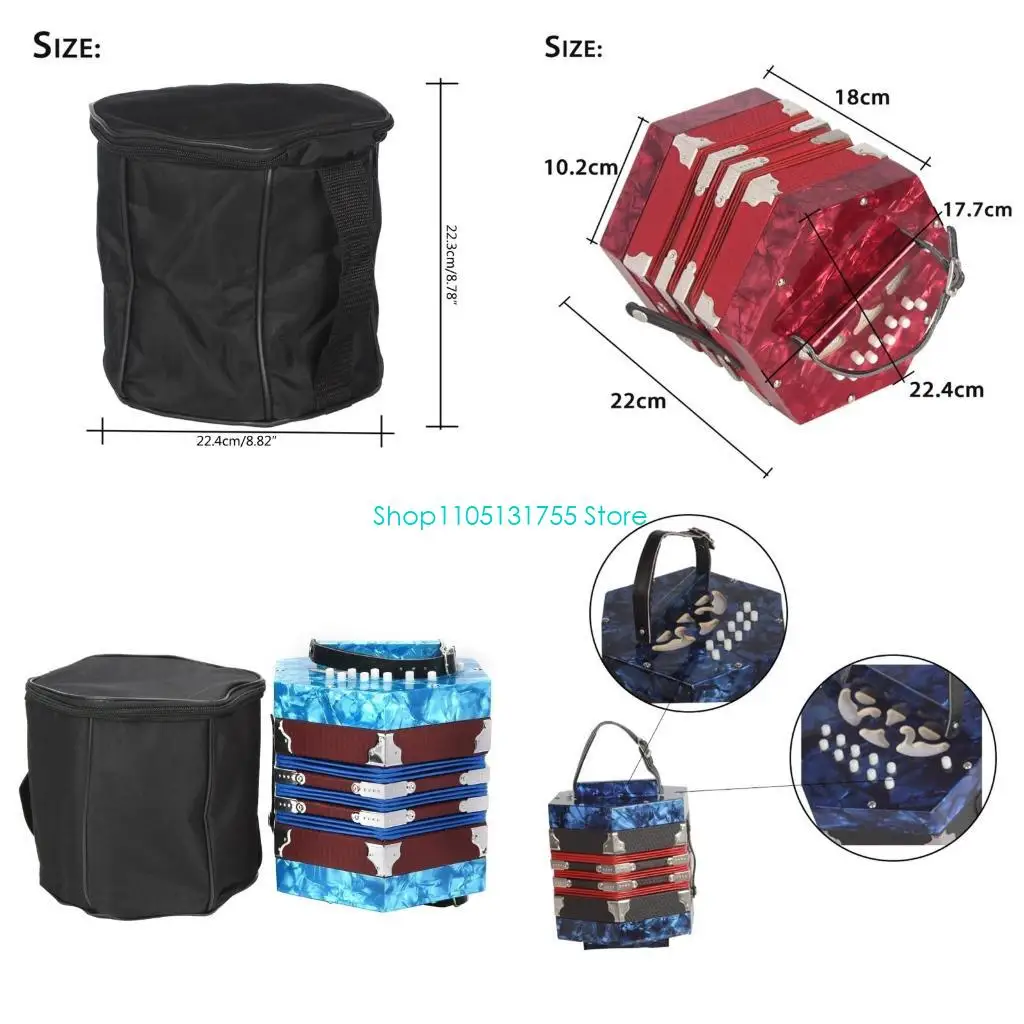 K0EF 20 Button Concertina with Carrying Bag Professional Playing Hexagon Accordion Keyboard Music Instrument for Adults Kids