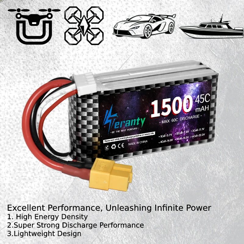 1PCS TERANTY RC Lipo 7.4v 11.1V 2S 3S 1500mAh 1800mAh 2200mAh 3000mAh 4200mAh 5600mAh 7200mAh Battery Battery XT60-T Deans Plug