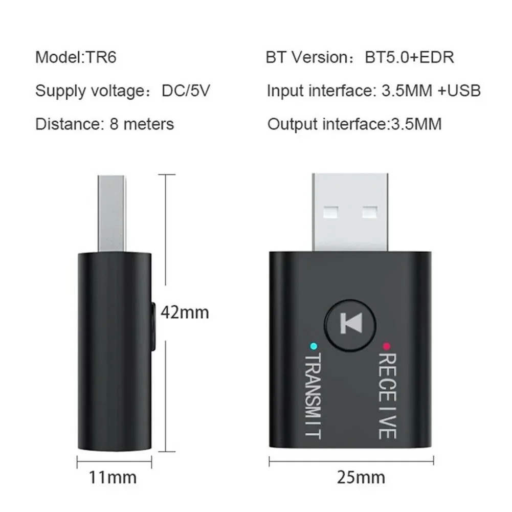 Receptor y transmisor de Audio inalámbrico 2 en 1, adaptador TR6, Bluetooth 5,0, transmisor de 3,5mm, Usb para altavoz y auriculares de coche