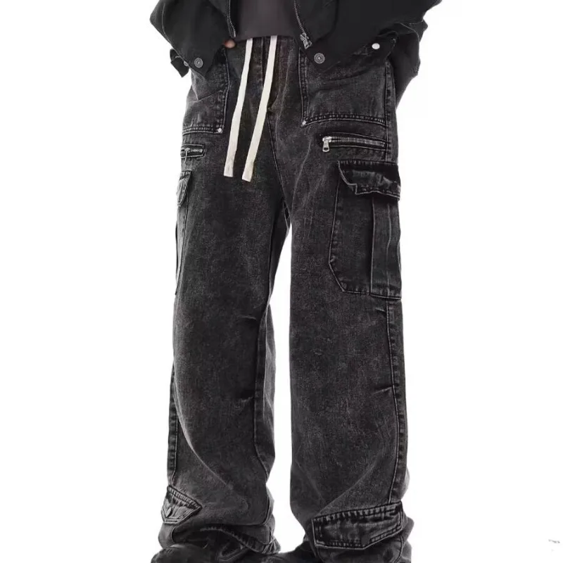 

Men's Fashion Streetwear Cargo Pants Vintage Washed Multi Pocket Loose Straight Elastic Waist Drawstring Denim Jeans