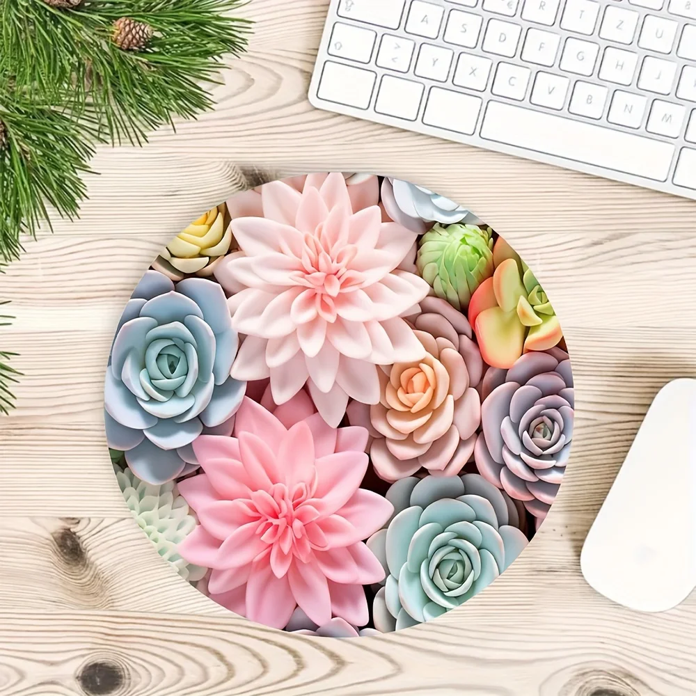 Cute Succulent Round Mouse Pad Cool Design Round Mousepad 22x18cm Non-slip Rubber Desk Mat for Office Computer Laptop Plant Pads