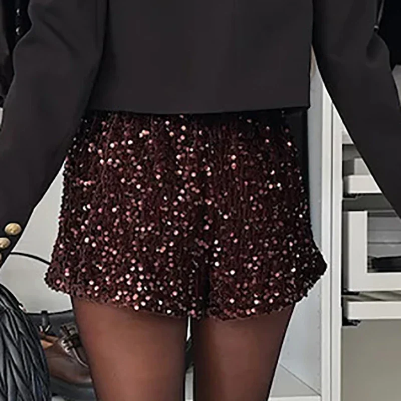 Women Fashion Sequin Sparkling Mini Shorts 2025 Spring Elegant Elastic Waist Commuter Shorts Autumn Slim Fit Short Pant Feminina