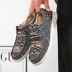 Casual Men's Canvas Shoes Slip-on Printed Boat Shoes Breathable Driving Cloth Shoes Women Couple Tribal Loafers Plus size 36-48
