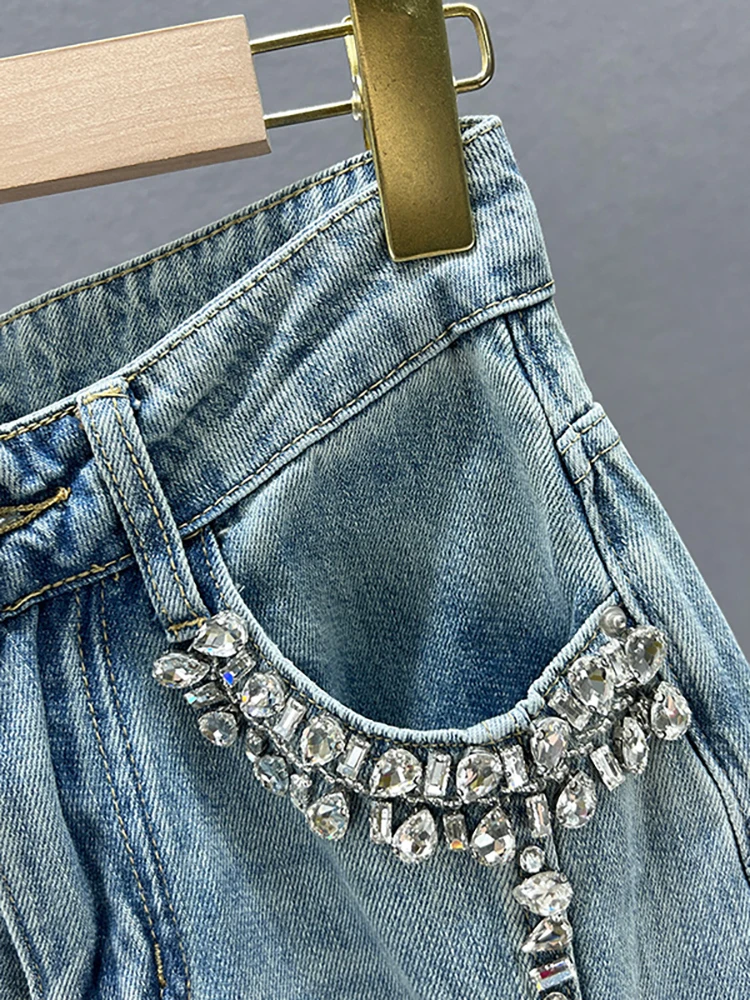 Imagem -03 - Deat-calça Jeans Feminina Emendada com Diamantes Cintura Alta Longa Reta Perna Larga Rebarbas Nova Moda Outono 29l2711 2023