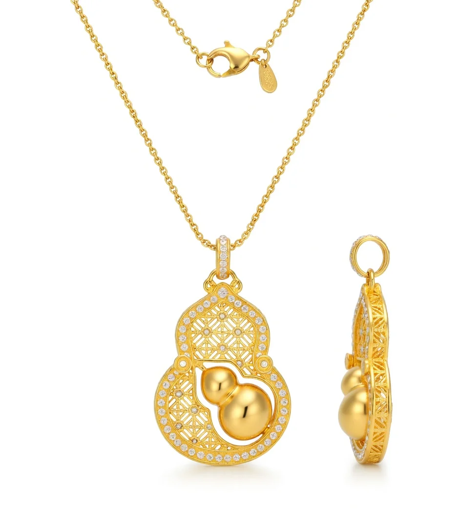 

Luxury New Chinese Style Ancient Filigree Hollow Double Gourd Moissanite Pendant Necklace for Women Ethnic Fashion Jewelry