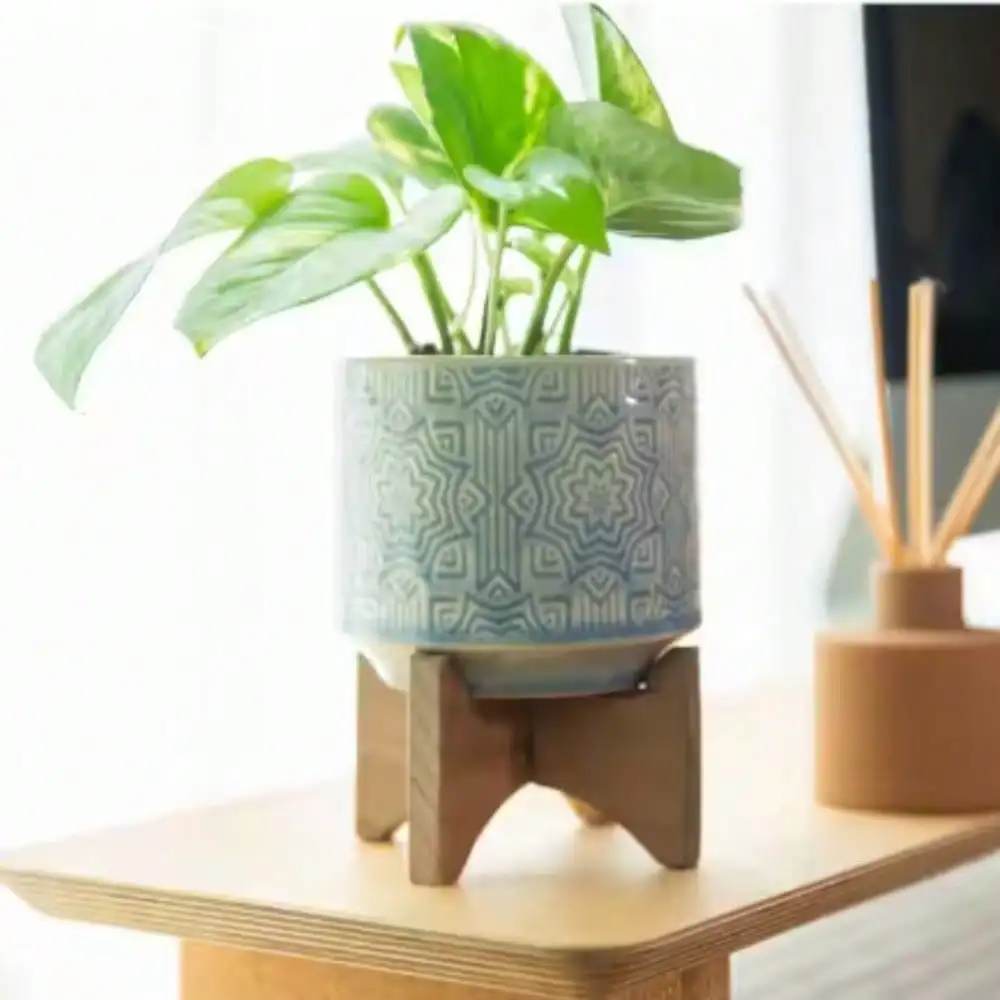 

4.25 in. Glass Blue Star Ceramic Plant Pot on Stand Mid-Century Planter