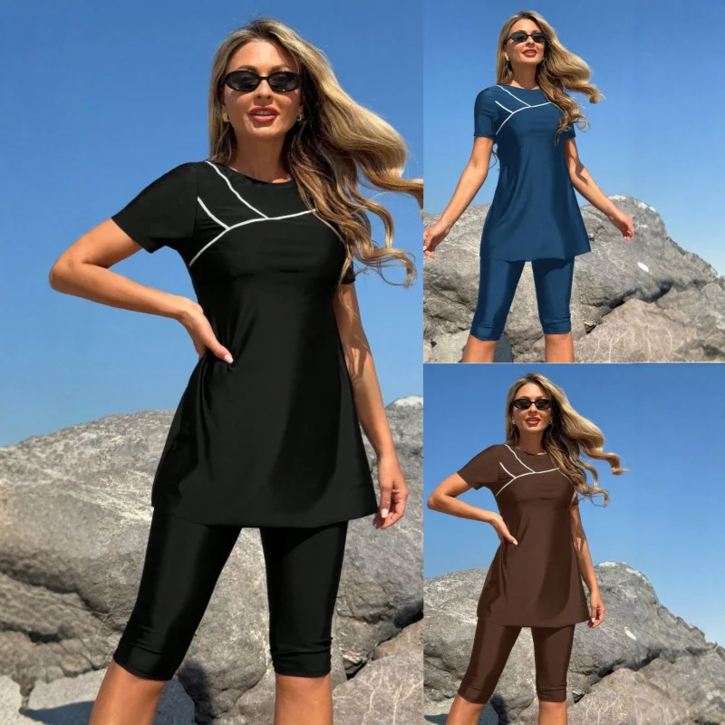 2026New women's swimsuit in solid color with short sleeves and cropped pants, two-piece surfing suit, fashionable sports outfit