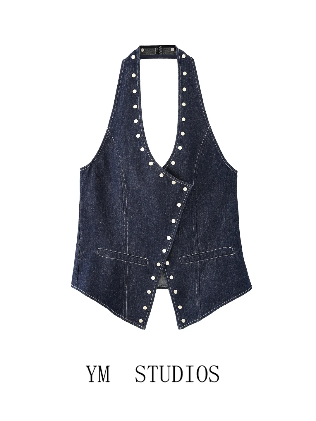 

Street Style Rivet Decorated Backless Neck Hanging Denim Vest Women's Summer Hot Girl Short Length Single Button Closure Pure...